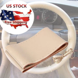 Premium Beige Genuine Leather Steering Wheel Cover 38cm 15" For Car SUV Truck - Picture 1 of 8