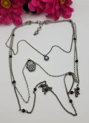 Lucky Brand Hamsa Hand Necklace 21"  Silver Tone Multi Chain Layered Reversible - Image 1 of 4