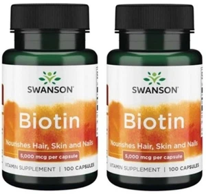 2 x Swanson, Biotina Alto Dosaggio 5000 mcg, 100 Capsule - Pelle Capelli Unghie - Foto 1 di 1