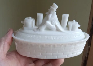 1899 UNCLE SAM ON BATTLESHIP MILKGLASS COVERED MUSTARD DISH FLACCUS BROS NICE - Picture 1 of 6