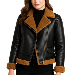 Womens Shearling Lining Aviator Jacket Genuine Sheepskin Biker Warm Winter Coat - Picture 1 of 5