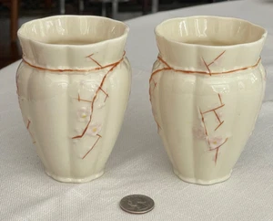 2 Vintage Belleek Porcelain Cherry Blossom Vase's 4 1/2" tall Pale pink on Ivory - Picture 1 of 11