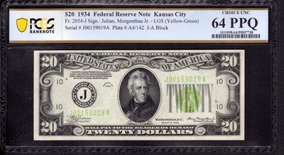 1934 $20 FEDERAL RESERVE NOTE KANSAS CITY FR.2054-J LGS PCGS CU 64 PPQ - Image 1 of 4