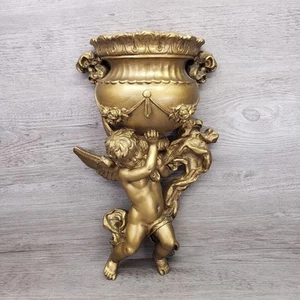 Engel Cherub gold verziert Pflanzgefäß Wand Tasche hängend 1975 Universal Statue 14" - Bild 1 von 6
