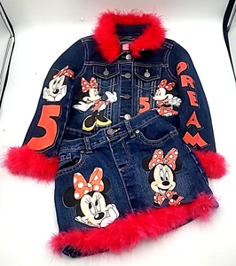 Minnie Mouse Jeansjacke Skort Set Größe 4 Traum 5 Bügelbilder verzierter Besatz - Bild 1 von 9