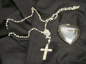 VOR 1951 ~ F&B STERLINGSILBER HERZ ANHÄNGER/BOX & STERLING ROSENKRANZ/KRUZIFIX - Bild 1 von 6