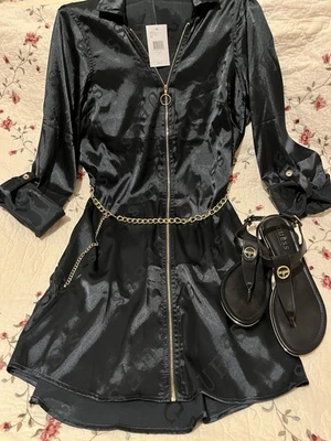 Women’s Guess Jet Black LS Sateen Galina Dress Sz Med & Guess Sandals Sz 7 - Image 1 of 4
