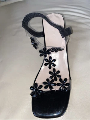 Black Flowers & Lucite Sandals, New, Very Cute - Image 1 of 3