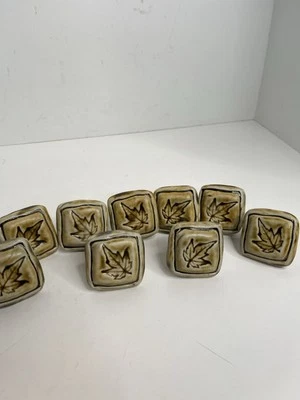 Set of 9 Ceramic pottery square drawer Pulls brown maple Leaf rustic Cabinet art - Image 1 of 4