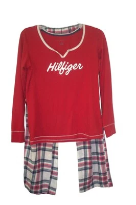 Tommy Hilfiger女式小号睡衣套装红色法兰绒格子裤和LS上衣#I-7 — 第 1/4 张图片