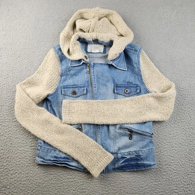 Chaqueta Billabong Mujer Pequeña Azul Denim Tejida Con Capucha Cremallera Completa Informal Estilo Boho Foto 1 de 4