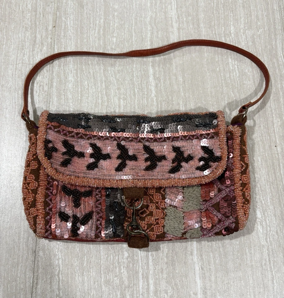 Jamin Puech Beaded Leather & Wool Top Handle Bag Floral Brown Red Shoulder Bag - Image 1 of 4