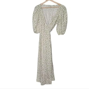 Reformation Mint Floral Linen Midi Wrap Dress Green White Size Medium - Picture 1 of 7