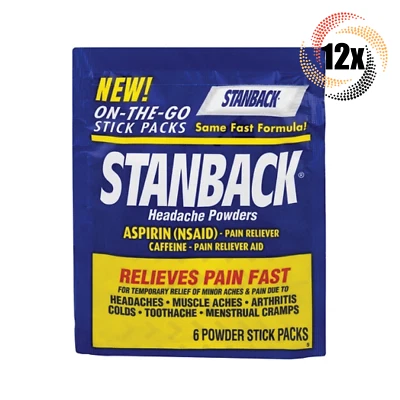 12x Packs Stanback On The Go Headache Powders  ( 6 Sticks Per Pack ) Pain Aid - Image 1 of 2