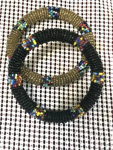 Lot Of Two Ethnic Handmade Beaded Black and gold Bracelets from Kenya Africa - Picture 1 of 4