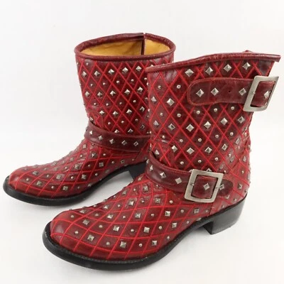 Botas Gringo Antigas Femininas 10 B Couro Vermelho Cravejado Fivela Dupla Ponto de Tornozelo Raro - Imagem 1 de 4