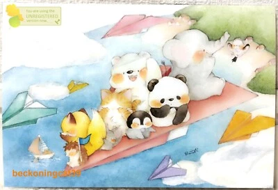 Tarjeta postal Komati Animal Friends gato oso elefante avión tarjeta de felicitación HECHA EN JAPÓN Foto 1 de 2