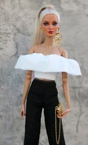 Dolls Cloths White Short Frilly Top & Black Pants for 30cm Barbie Sized Dolls  - Picture 1 of 2