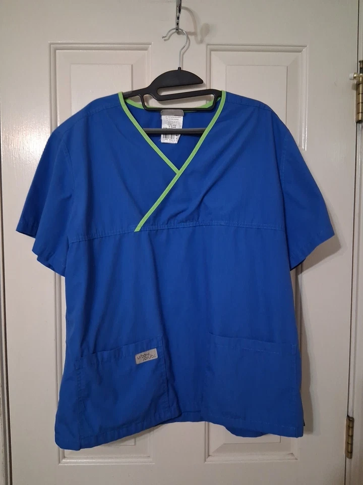 URBANE SCRUBS Unisex SZ 1X Blue V-neck Top Green Trim - Image 1 of 4