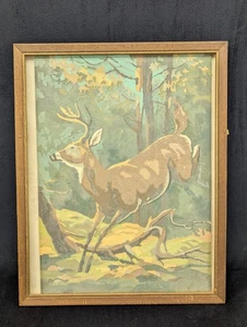 Vtg 60s Paint By Number Deer Buck Forest Painting Scene Wall Art 14"x10" Framed - Picture 1 of 11