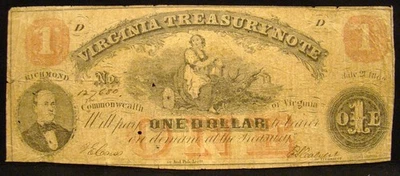1862 DATED $1.00 VIRGINIA TREASURY NOTE-CONFEDERATE-CIVIL WAR - Image 1 of 2
