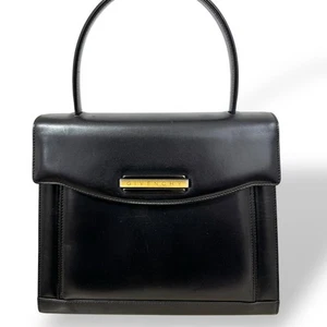 [Near Mint] Givenchy Black Leather Handbag with Engraved Logo Top Handle - Picture 1 of 9