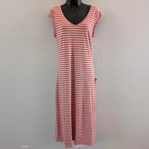 Toad and Co Women's Muse Midi Dress Salmon Coral Striped Large Coastal Cinch - Picture 1 of 10