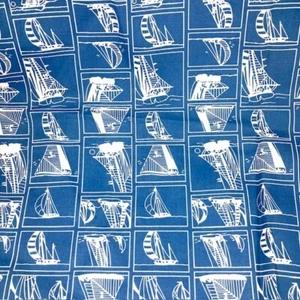 Monochrome Blue Sailboats Vintage Joseph Goldinger cotton fabric 1 Yard 12" - Picture 1 of 8
