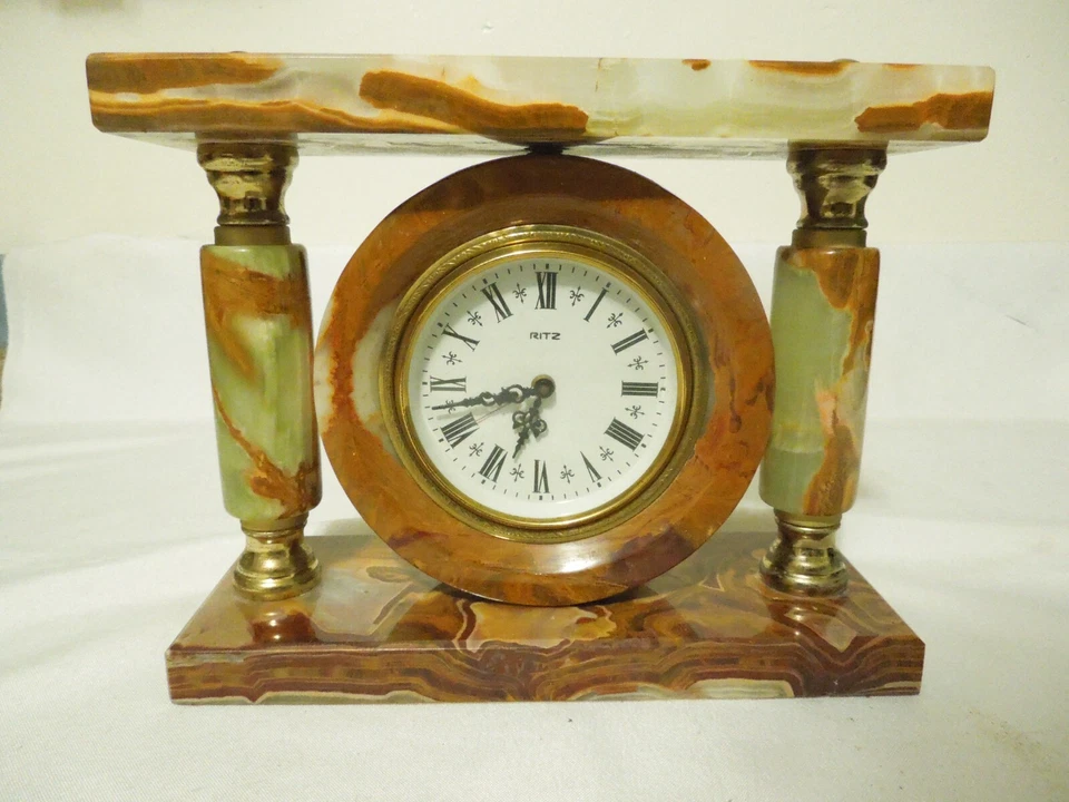 Ritz Wind-Up Alarm Clock Brown Marble w/ Brass Accents Rotating Dial Over 7 Lbs. - Image 1 of 4