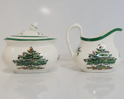Vintage Spode Christmas Tree Creamer and Sugar Bowl W/ Lid Set England EUC - Image 1 of 4