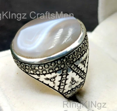 Anillo hecho a mano Yemení Aqeeq para hombres Shajri Akik plata esterlina 925 forma redonda piedra Foto 1 de 4