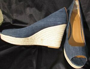 COACH wedge high heels size 10.5, 11 shoes blue gold tan Denim Leather Peep New
