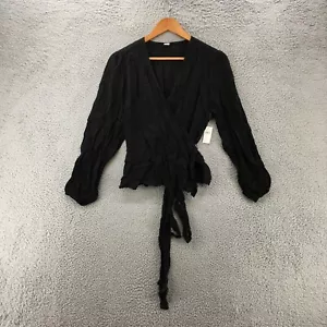 Old Navy Surplice Wrap Tie Blouse Womens Large Black Long Sleeve V-Neck NWT - Picture 1 of 14