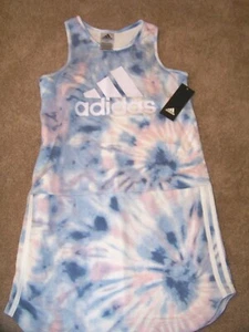 NWT Adidas Curved Hem Tank Dress Girl's L 14 ~ Tie Dye Blue Pink ~Tennis Swim - Picture 1 of 4
