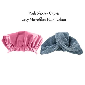Equate Beauty Luxury Hair Set Pink Satin Shower Cap & Grey Microfiber Turban - Picture 1 of 3