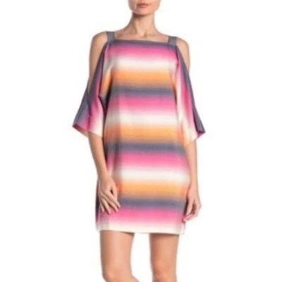 Vestido túnica listrado Trina Turk Baracoa L ombro frio listras pôr do sol praia - Imagem 1 de 4