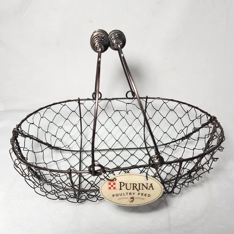 Purina Poultry Feed Wire Egg Basket w Handles Kitchen Storage Farmhouse Bronze Cover