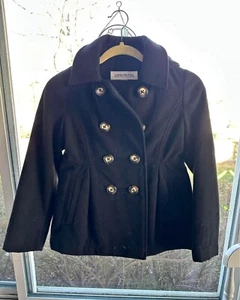 London Fog Girl's Size 7 /8 Black Pea Coat Hood Double Breasted Pockets - Picture 1 of 3
