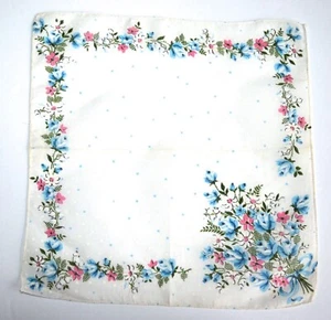 VINTAGE HANKIE 1950s OLD NEW STOCK FLORAL PRINT POLKA DOTS BLUES PINKS NEW - Picture 1 of 4