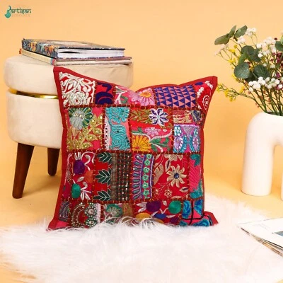 Maroon color Khambadiya Patchwork Cushion Cover Indian Handmade Pillow cover - Image 1 of 4