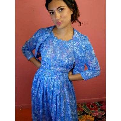 Size Small Medium Vintage 1950's Blue Lilac Floral Pleated Dress with Bolero - Image 1 of 4