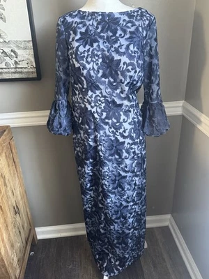 JS Collections Embroidered Blouson Sleeves Evening Gown Floral Illusion 4 - Image 1 of 4