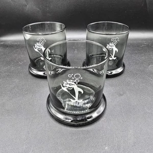 Set of 3 Vintage Starkist Sorry Charlie the Tuna Smoky Gray Low Ball Bar Glasses - Picture 1 of 4