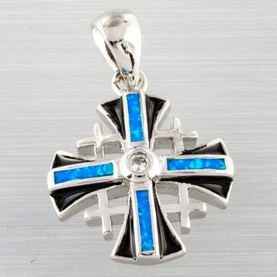 Иерусалимский крест синий огонь опал CZ серебро ювелирных изделий черная кайма ожерелье кулон - Изображение 1 из 4
