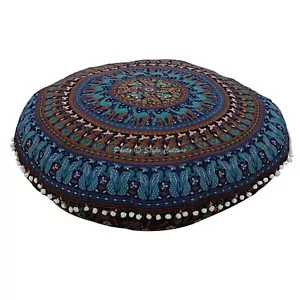 Indian Mandala Round Printed Pom Pom Pouf Floor Cushion Cover Camel Cotton 32" - Picture 1 of 5