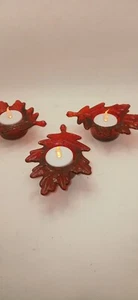 3er Set rote Teelicht-Votivkerzenhalter in Blattform massiv Glas mit Windlicht - Bild 1 von 4