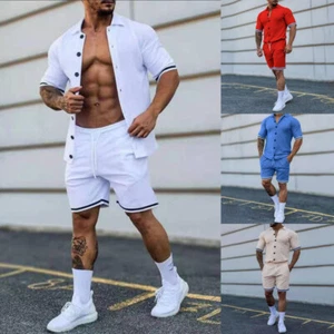 Men's Button Sweatsuit Short Sleeve Outfit 2-Piece T Shirts & Shorts Summer Set - Picture 1 of 19