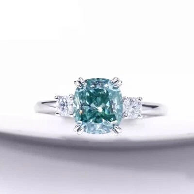 Certified Blue Diamond 3.20 Ct 925 Cushion Cut Engagement Lab Created Ring - Image 1 of 3