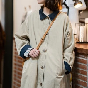 Retro Minimalist Wind Contrast Stitching Windbreaker Women Autumn New Long Coat - Picture 1 of 12