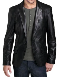 Men's Leather Blazer – Premium Genuine Leather Black Two-Button Formal Coat - Picture 1 of 12